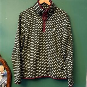 L.L. Bean Olive Mens L Printed Sweater Fleece with Eggplant Trim &Snap Collar